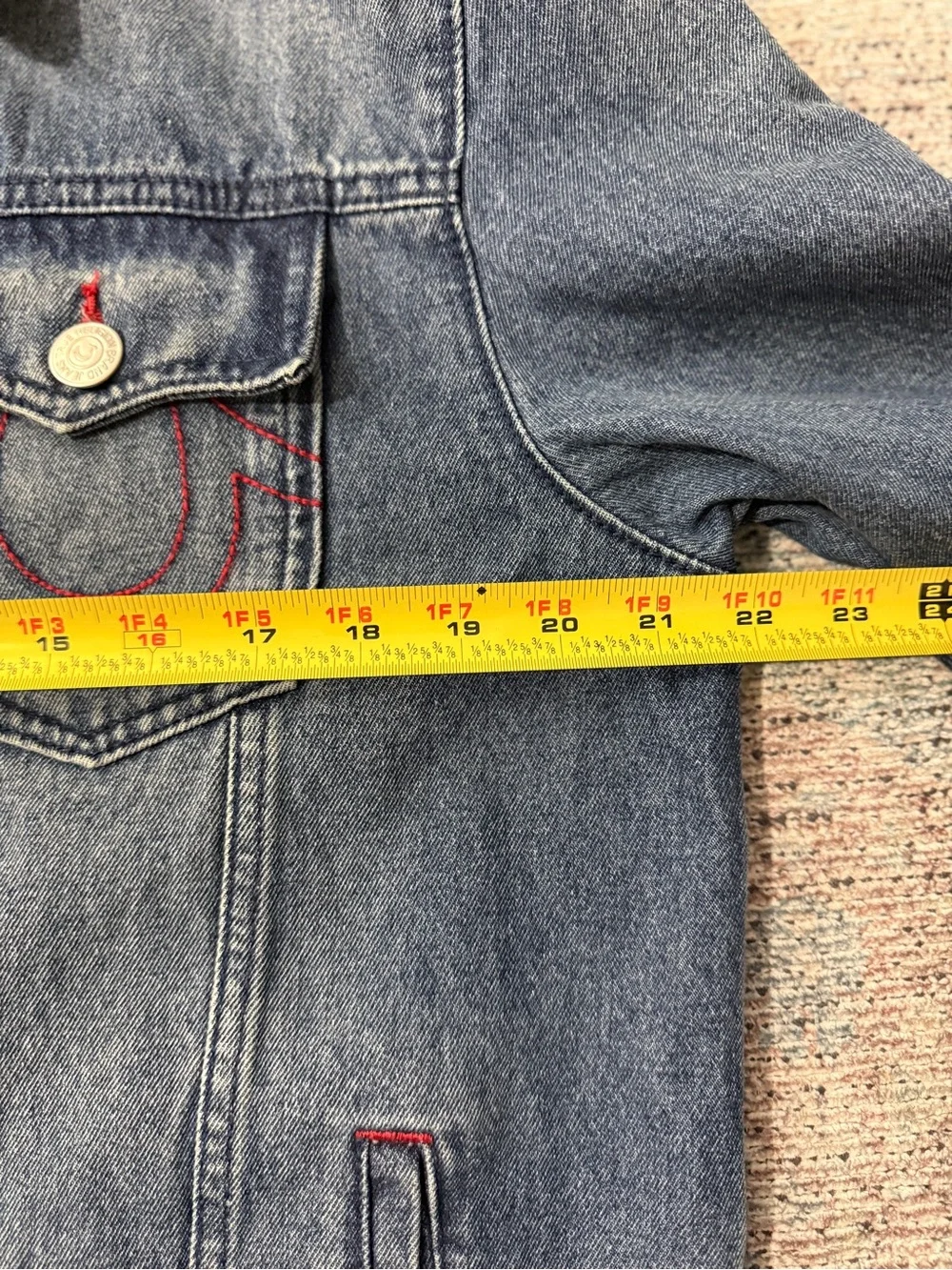 NWT True Religion Men's Denim Jacket Jim Trucker Red Stitching Back Graphic L